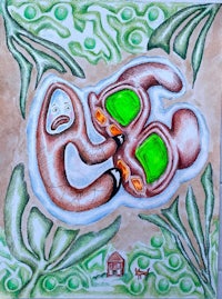 a drawing of an octopus with green eyes